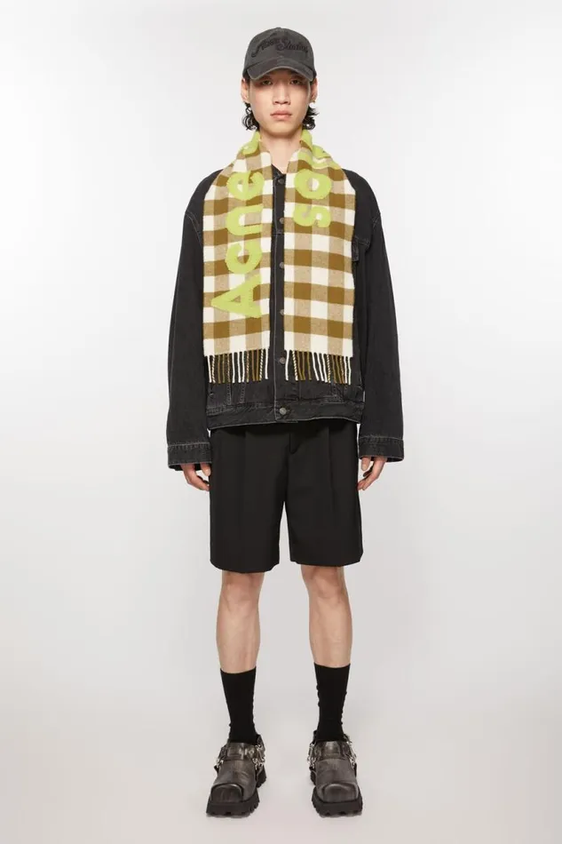 Acne Studios Check Logo Scarf 8211 Narrow Khakigreen Men Scarves Acne Studios Check Logo Scarf 8211 Narrow Khakigreen Men Scarves