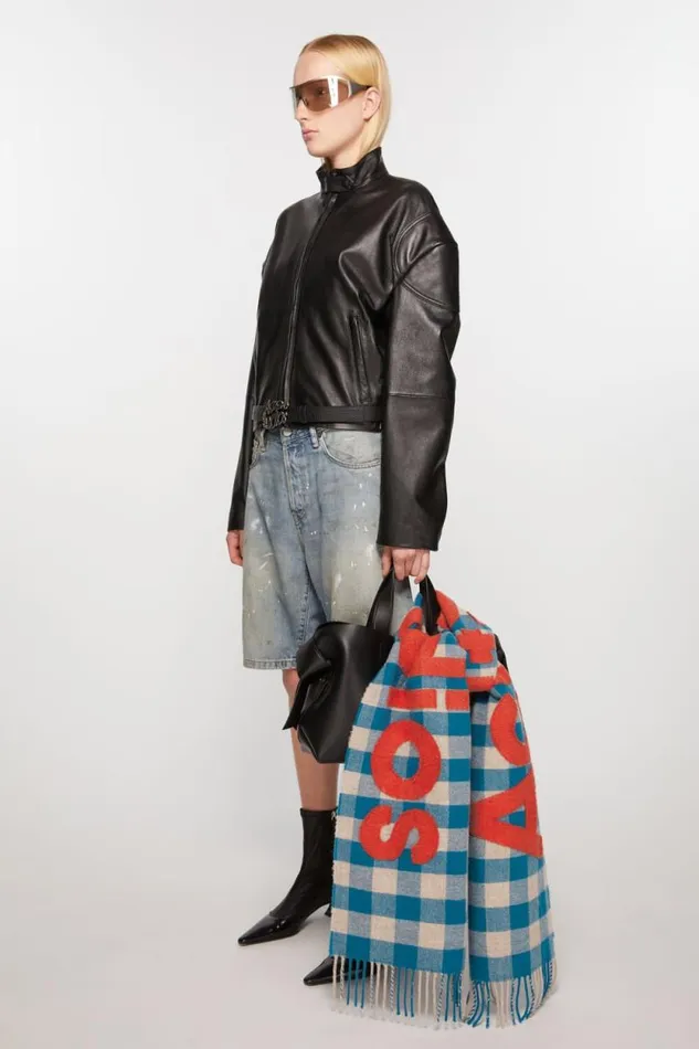 Acne Studios Check Logo Scarf Turquoise Blueorange Women Scarves