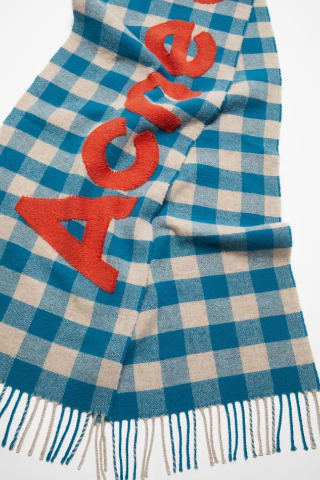 Acne Studios Check Logo Scarf Turquoise Blueorange Women Scarves