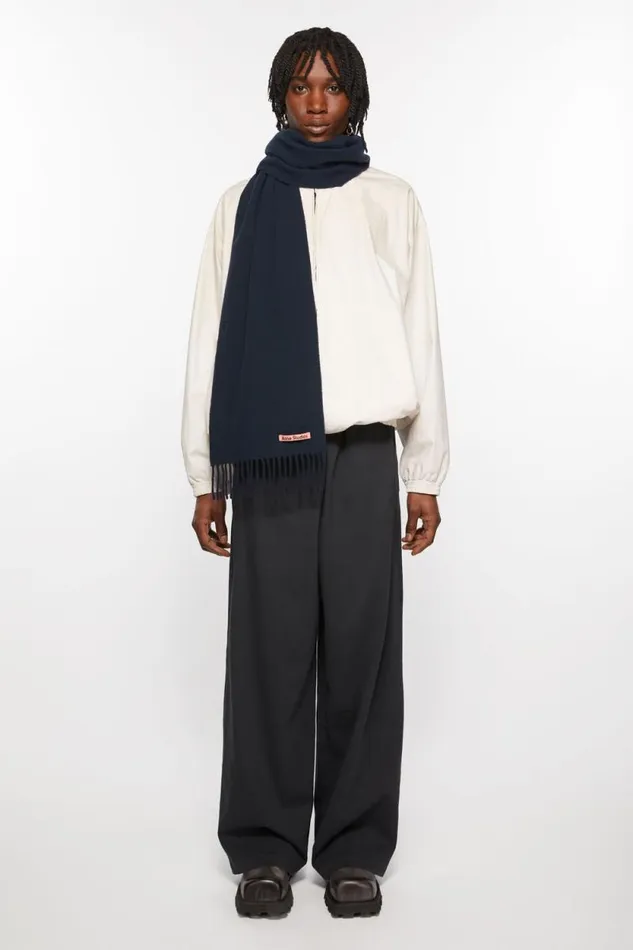 Acne Studios Fringe Wool Scarf 8211 Skinny Navy Blue Women Scarves