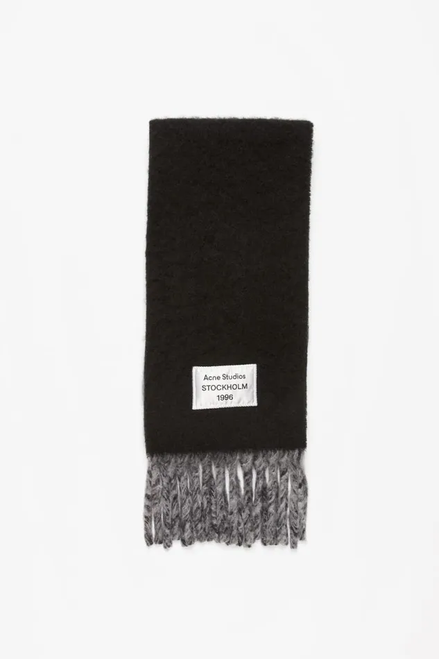 Acne Studios Fringed Scarf Logo Label Blackgrey Women Scarves
