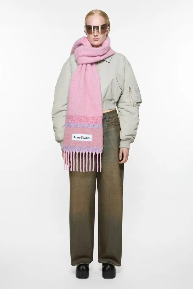 Acne Studios Fringed Scarf Logo Pink Women Scarves Acne Studios Fringed Scarf Logo Pink Women Scarves