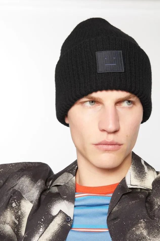Acne Studios Large Face Logo Beanie Black Men Hats