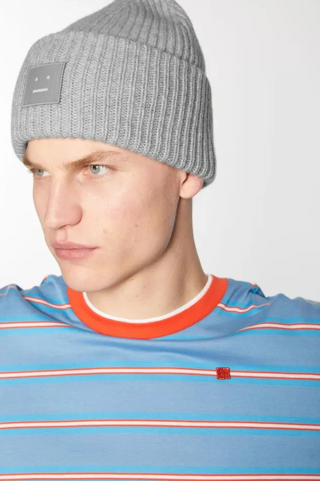 Acne Studios Large Face Logo Beanie Light Grey Melange Men Face Collection Acne Studios Large Face Logo Beanie Light Grey Melange Men Face Collection