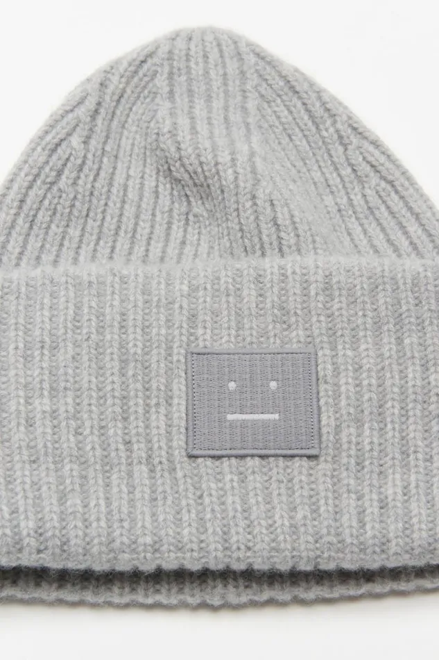 Acne Studios Large Face Logo Beanie Light Grey Melange Men Face Collection Acne Studios Large Face Logo Beanie Light Grey Melange Men Face Collection
