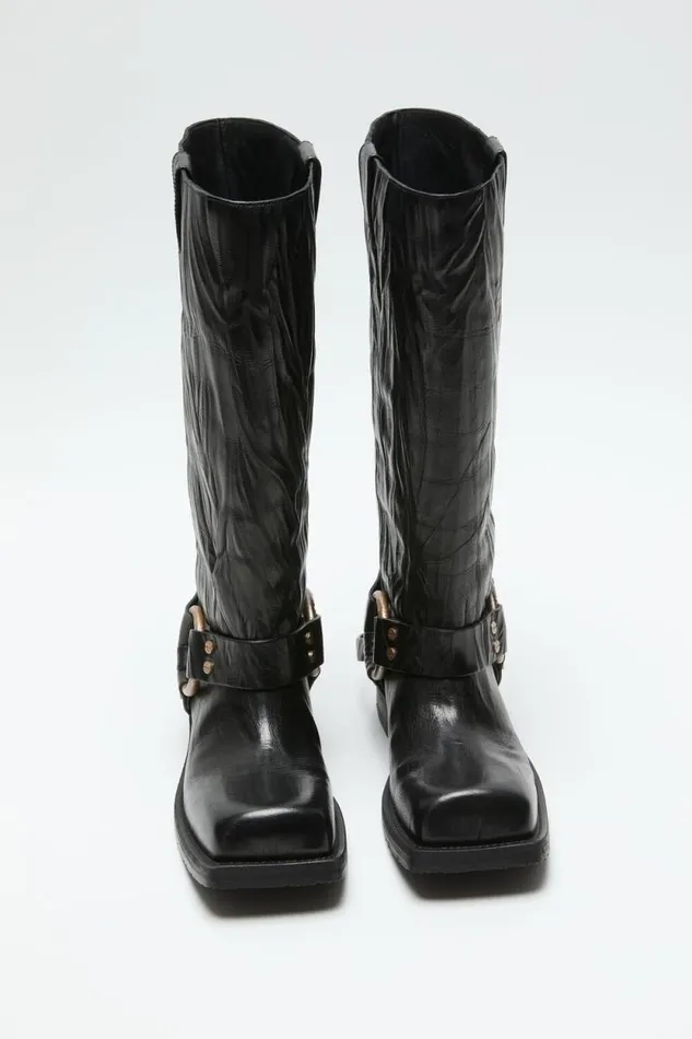 Acne Studios Leather Buckle Boots Anthracite Grey Women Shoes