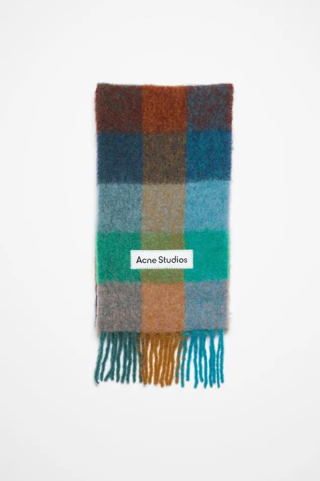 Acne Studios Mohair Checked Scarf Turquoisecamelblue Women Scarves