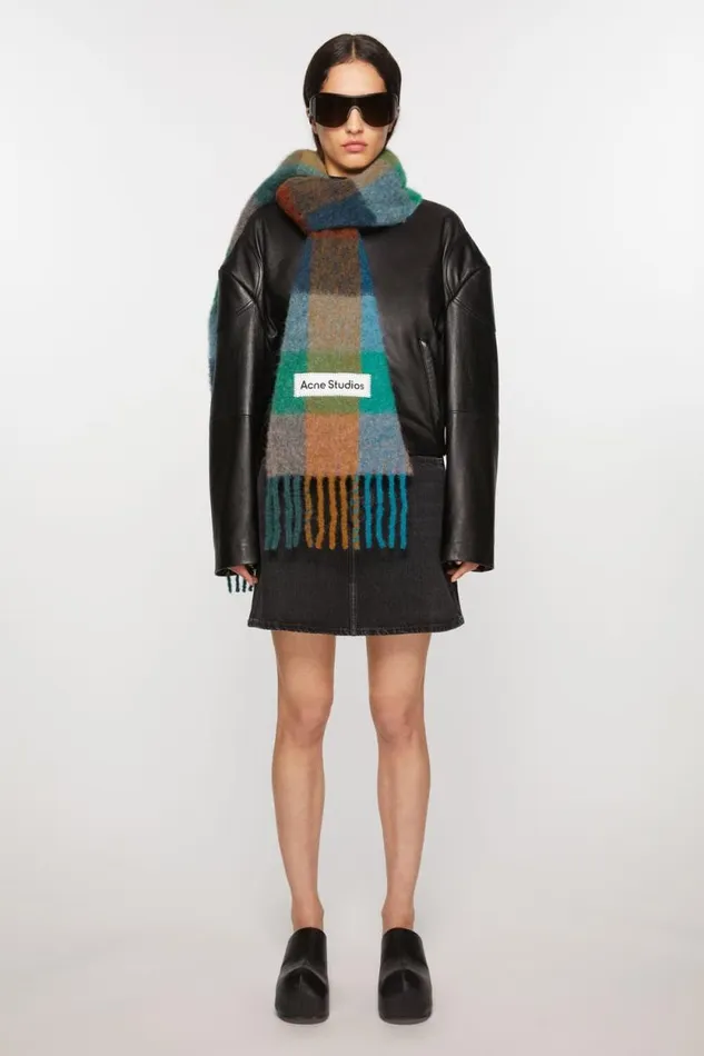 Acne Studios Mohair Checked Scarf Turquoisecamelblue Women Scarves
