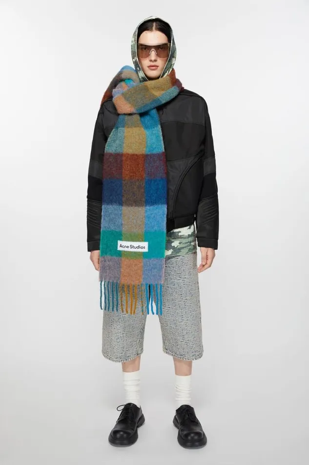 Acne Studios Mohair Checked Scarf Turquoisecamelblue Women Scarves