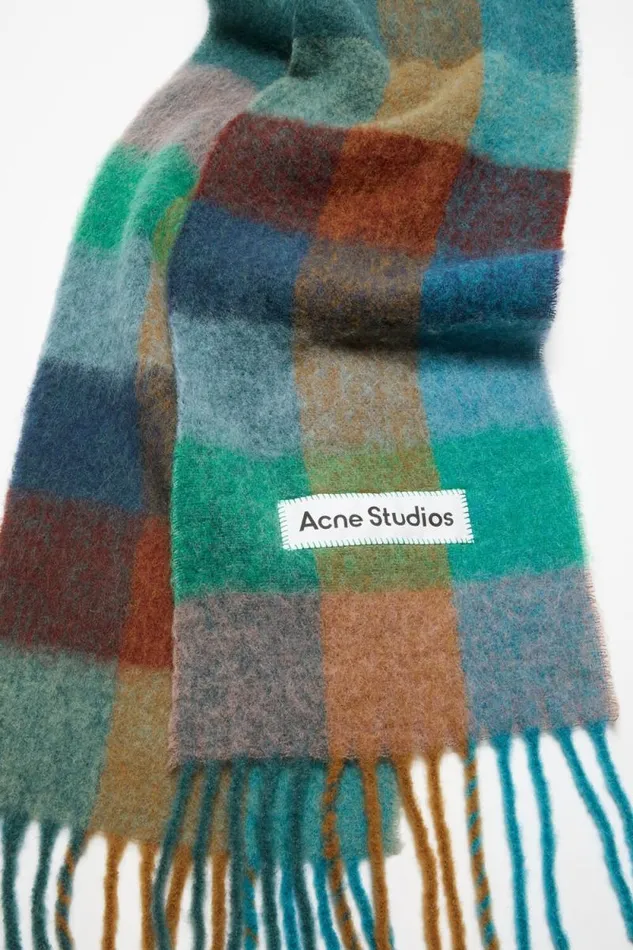 Acne Studios Mohair Checked Scarf Turquoisecamelblue Women Scarves