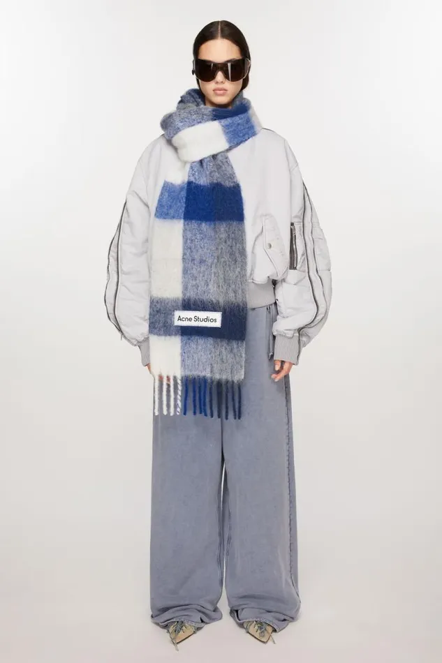 Acne Studios Mohair Checked Scarf Whitegreyroyal Blue Women Scarves Acne Studios Mohair Checked Scarf Whitegreyroyal Blue Women Scarves