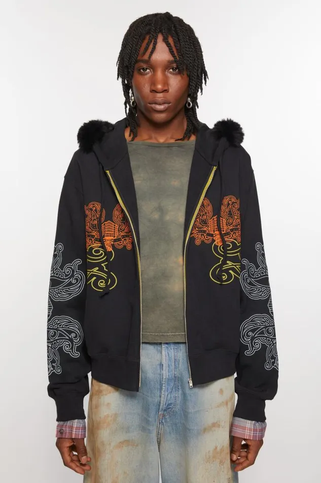 Acne Studios Printed Hooded Zip Sweater Black Men Sweatshirts