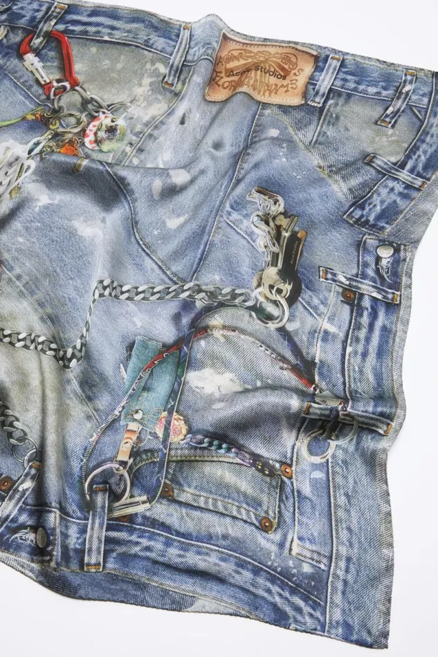 Acne Studios Printed Silk Scarf Denim Blue Men Scarves Acne Studios Printed Silk Scarf Denim Blue Men Scarves