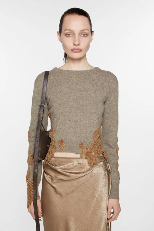 Acne Studios Wool Jumper Lace Trim Beige Women Knitwear