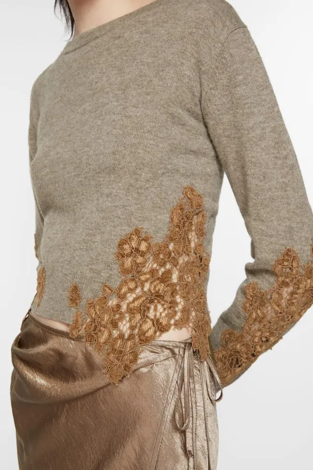 Acne Studios Wool Jumper Lace Trim Beige Women Knitwear