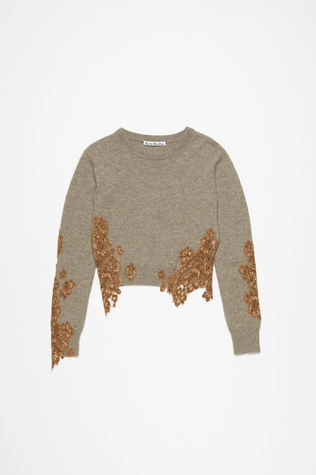 Acne Studios Wool Jumper Lace Trim Beige Women Knitwear