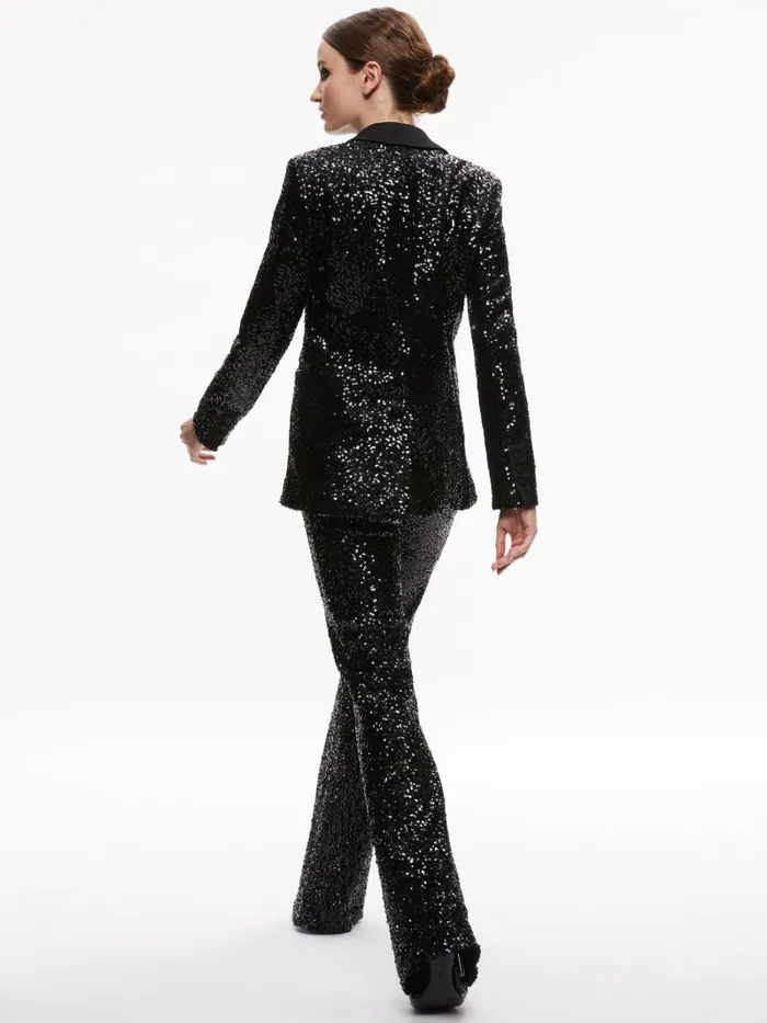 Alice Olivia BREANN SEQUIN FITTED BLAZER Black Women Jackets Coats