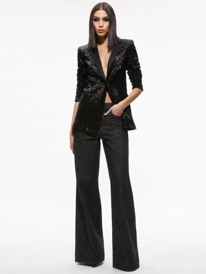 Alice Olivia BREANN SEQUIN FITTED BLAZER Black Women Jackets Coats