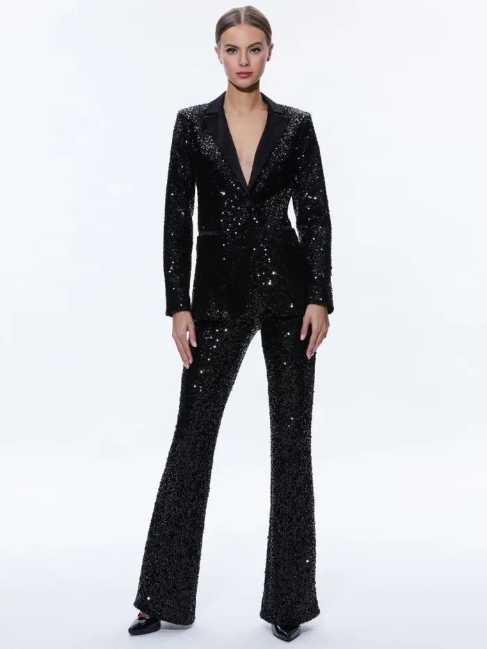 Alice Olivia BREANN SEQUIN FITTED BLAZER Black Women Jackets Coats