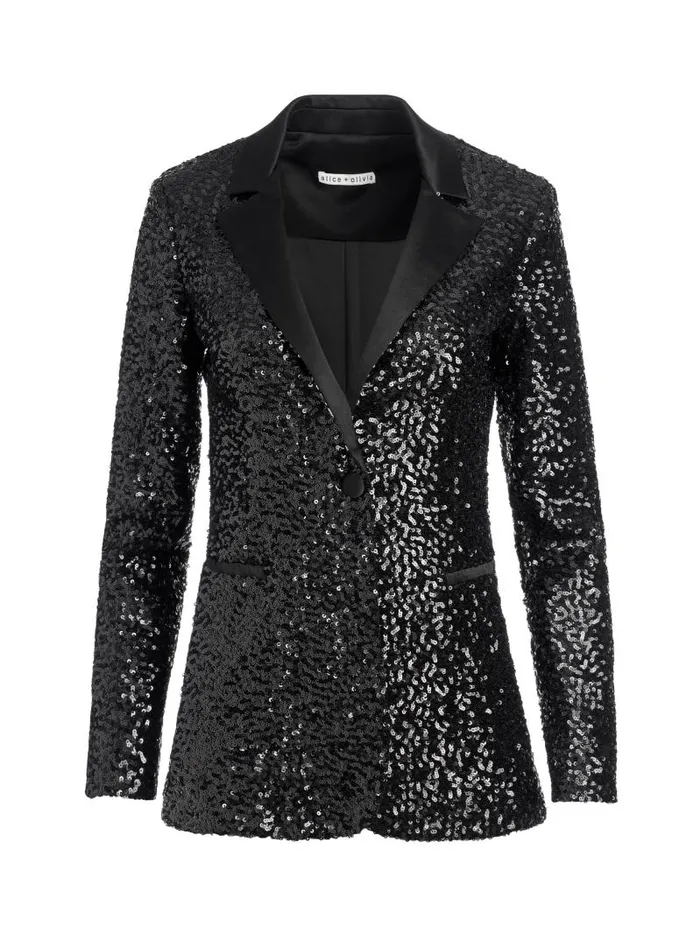 Alice Olivia BREANN SEQUIN FITTED BLAZER Black Women Jackets Coats
