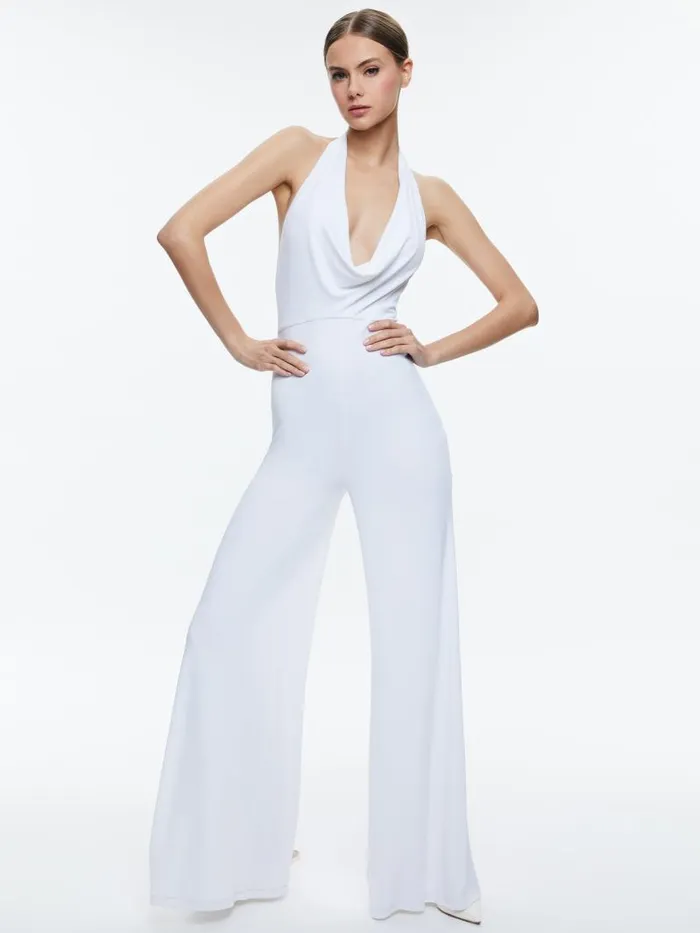 Alice Olivia COLBY COWL NECK OPEN BACK JUMPSUIT Off White Women Jumpsuits Rompers