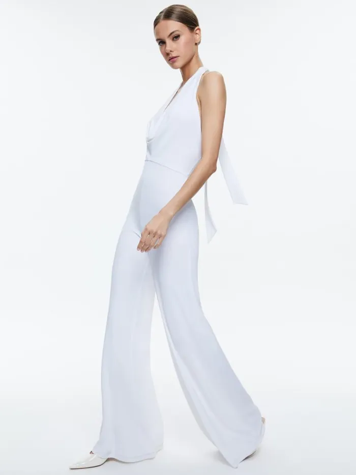 Alice Olivia COLBY COWL NECK OPEN BACK JUMPSUIT Off White Women Jumpsuits Rompers
