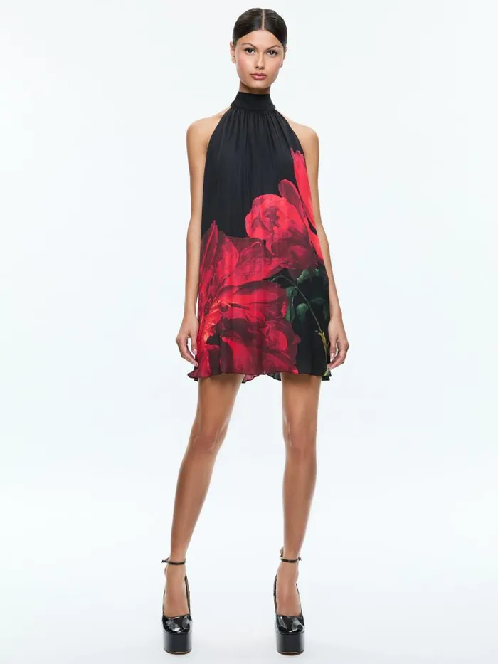 Alice Olivia CORINE HALTER TIE NECK TRAPEZE MINI DRESS Peony Petals Bright Ruby Women Dresses