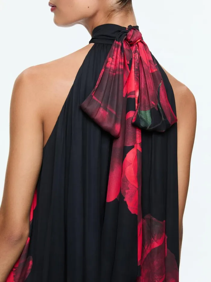 Alice Olivia CORINE HALTER TIE NECK TRAPEZE MINI DRESS Peony Petals Bright Ruby Women Dresses