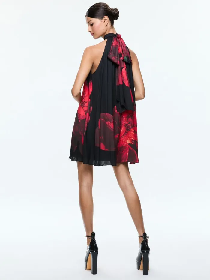 Alice Olivia CORINE HALTER TIE NECK TRAPEZE MINI DRESS Peony Petals Bright Ruby Women Dresses