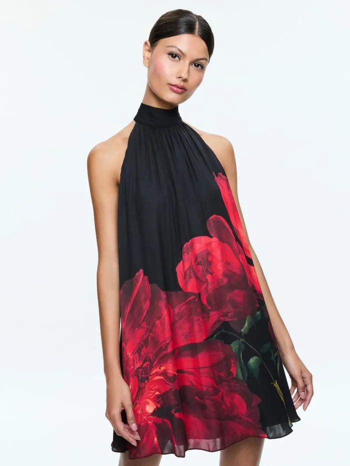Alice Olivia CORINE HALTER TIE NECK TRAPEZE MINI DRESS Peony Petals Bright Ruby Women Dresses