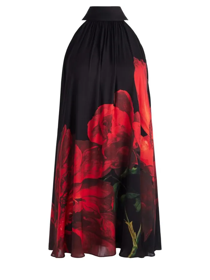 Alice Olivia CORINE HALTER TIE NECK TRAPEZE MINI DRESS Peony Petals Bright Ruby Women Dresses
