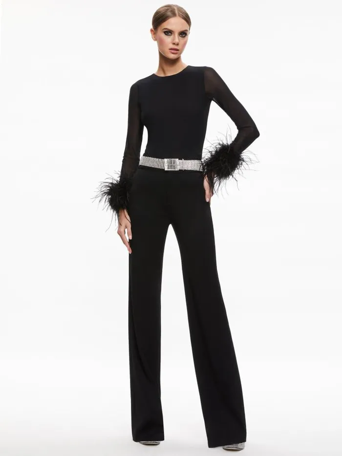 Alice Olivia DELAINA FEATHER CUFF SLEEVE TOP Black Women Tops