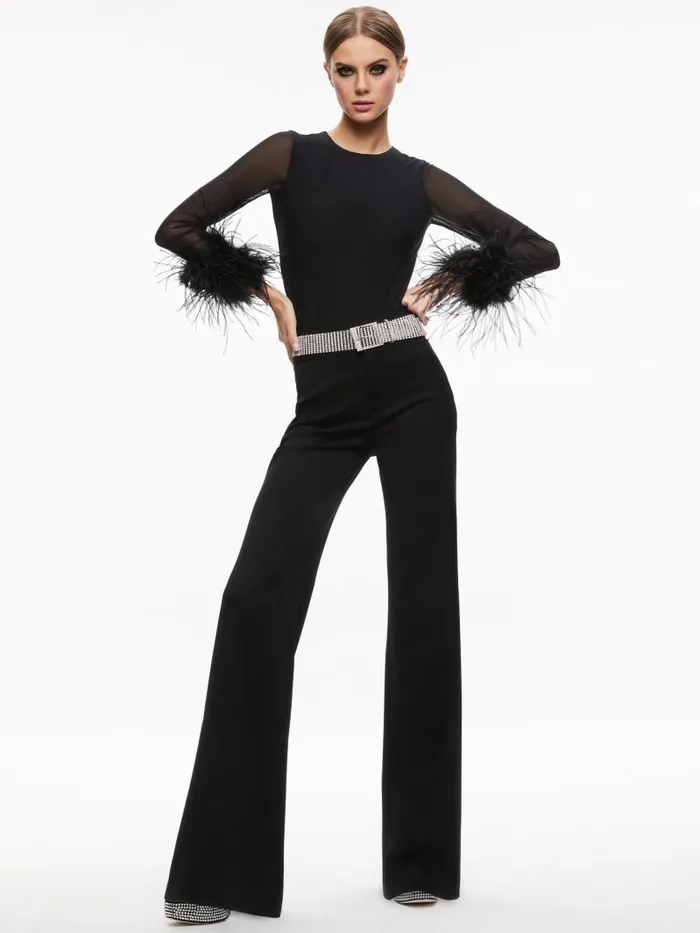 Alice Olivia DELAINA FEATHER CUFF SLEEVE TOP Black Women Tops