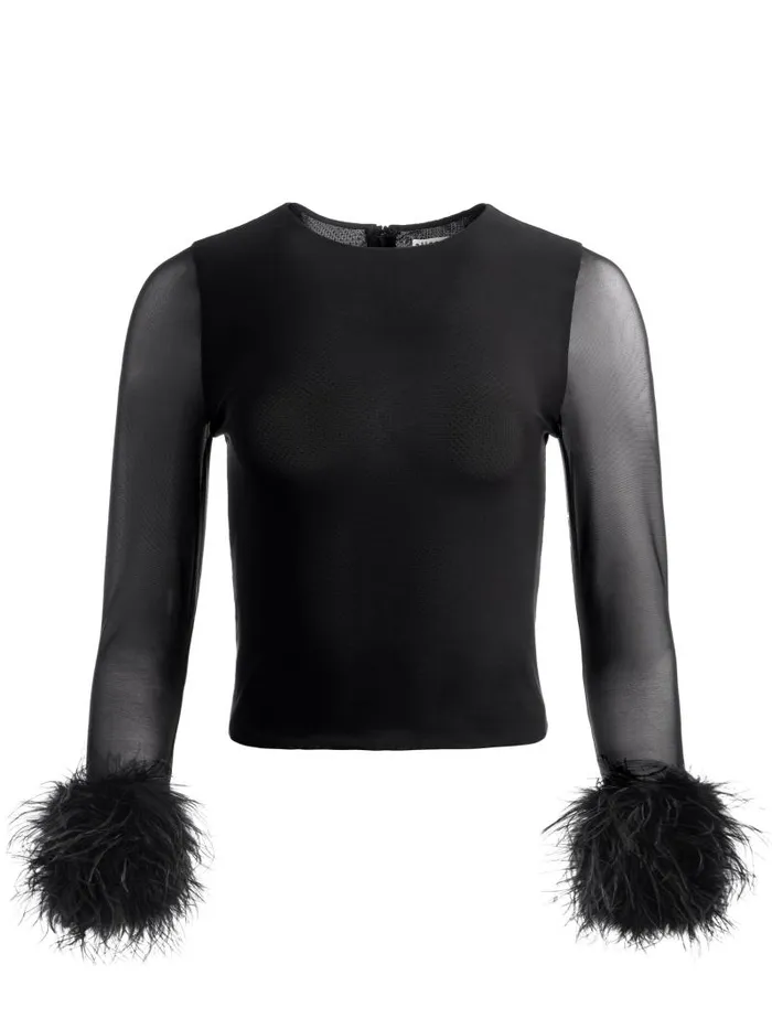 Alice Olivia DELAINA FEATHER CUFF SLEEVE TOP Black Women Tops