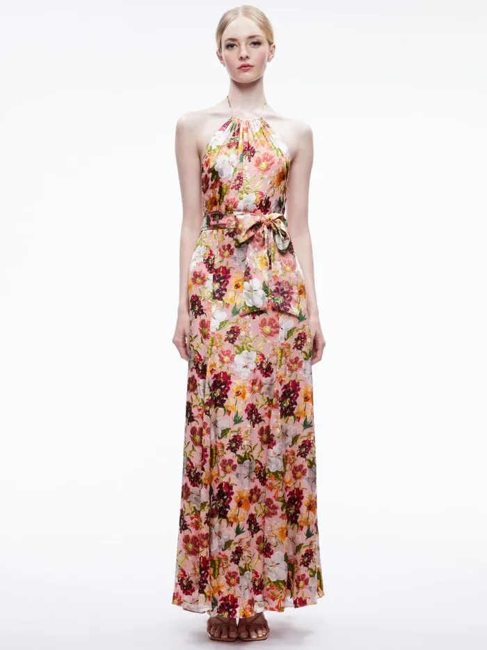 Alice Olivia DITA TIE NECK HALTER DRESS Juniper Floral Rose Women Dresses