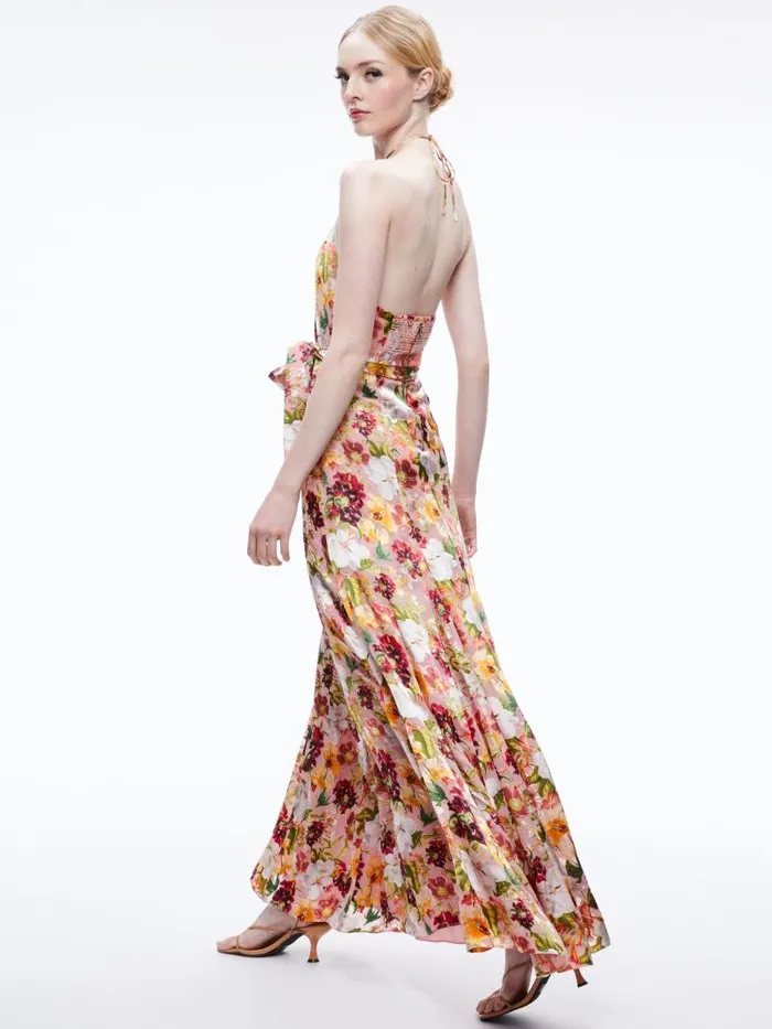 Alice Olivia DITA TIE NECK HALTER DRESS Juniper Floral Rose Women Dresses