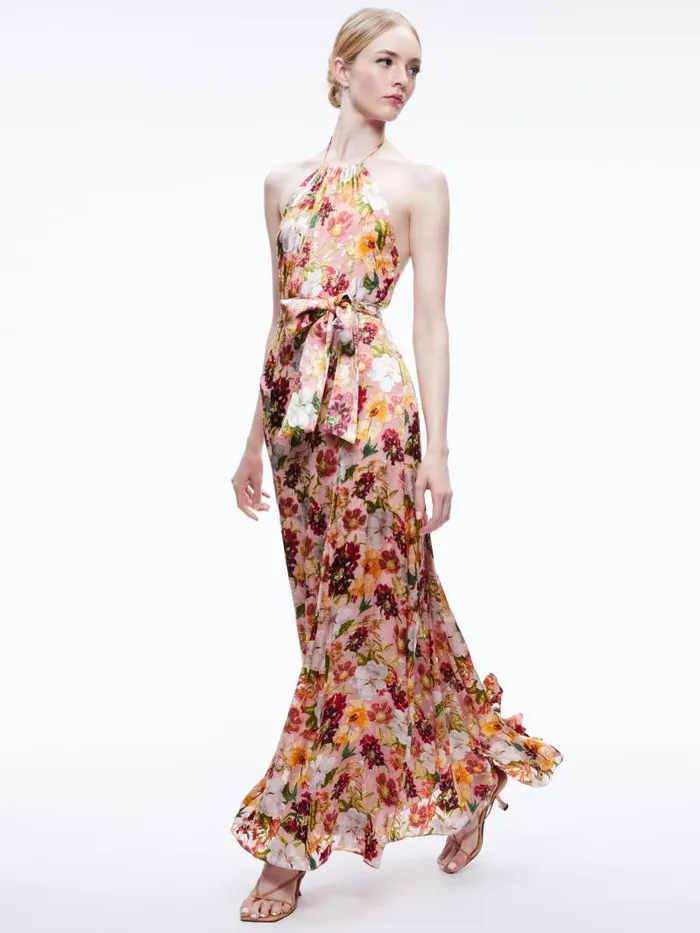 Alice Olivia DITA TIE NECK HALTER DRESS Juniper Floral Rose Women Dresses