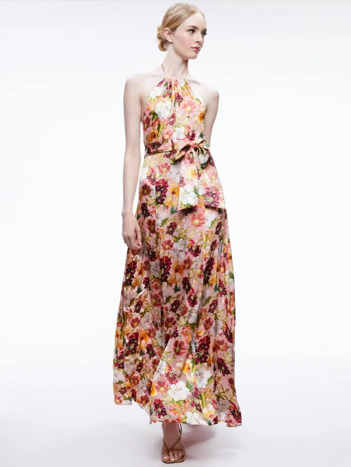 Alice Olivia DITA TIE NECK HALTER DRESS Juniper Floral Rose Women Dresses