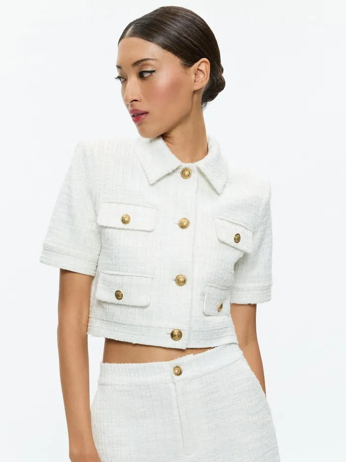 Alice Olivia ELLE SHORT SLEEVE PATCH POCKET JACKET Black Women Jackets Coats