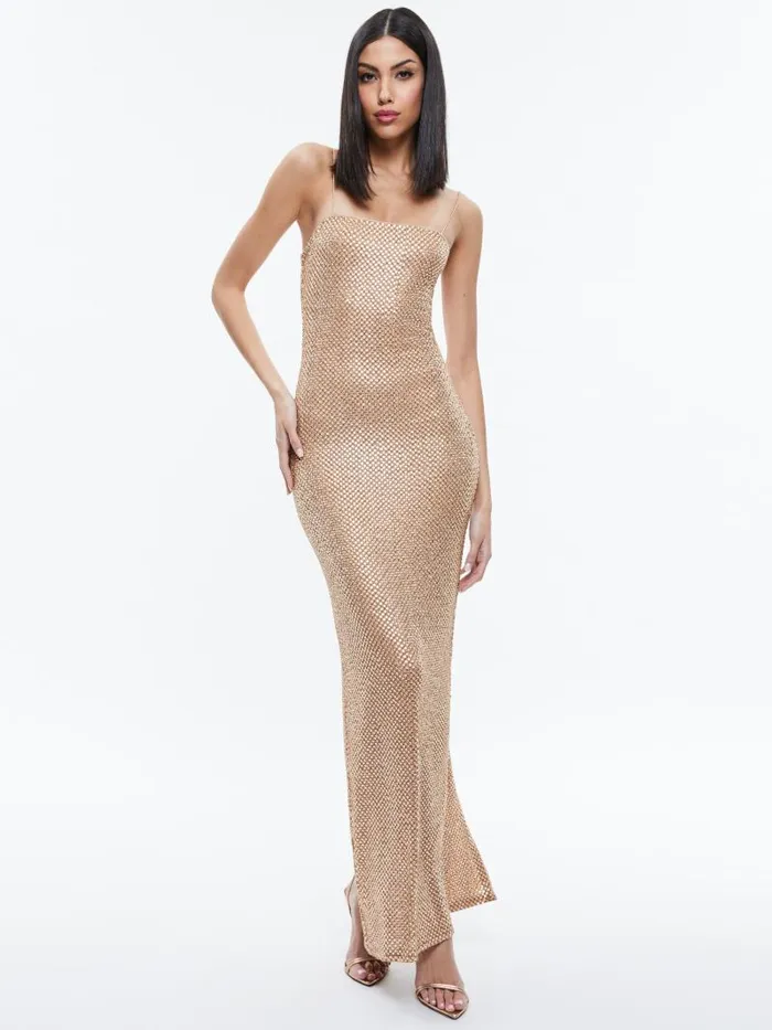 Alice Olivia FIFI EMBELLISHED MAXI DRESS Tan Women Dresses