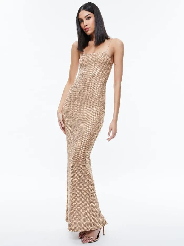 Alice Olivia FIFI EMBELLISHED MAXI DRESS Tan Women Dresses