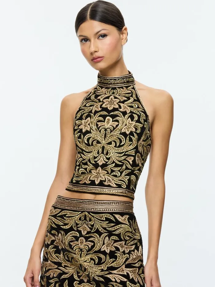 Alice Olivia GATZ EMBELLISHED MOCK NECK OPEN BACK CROP TOP Blackgold Women Tops