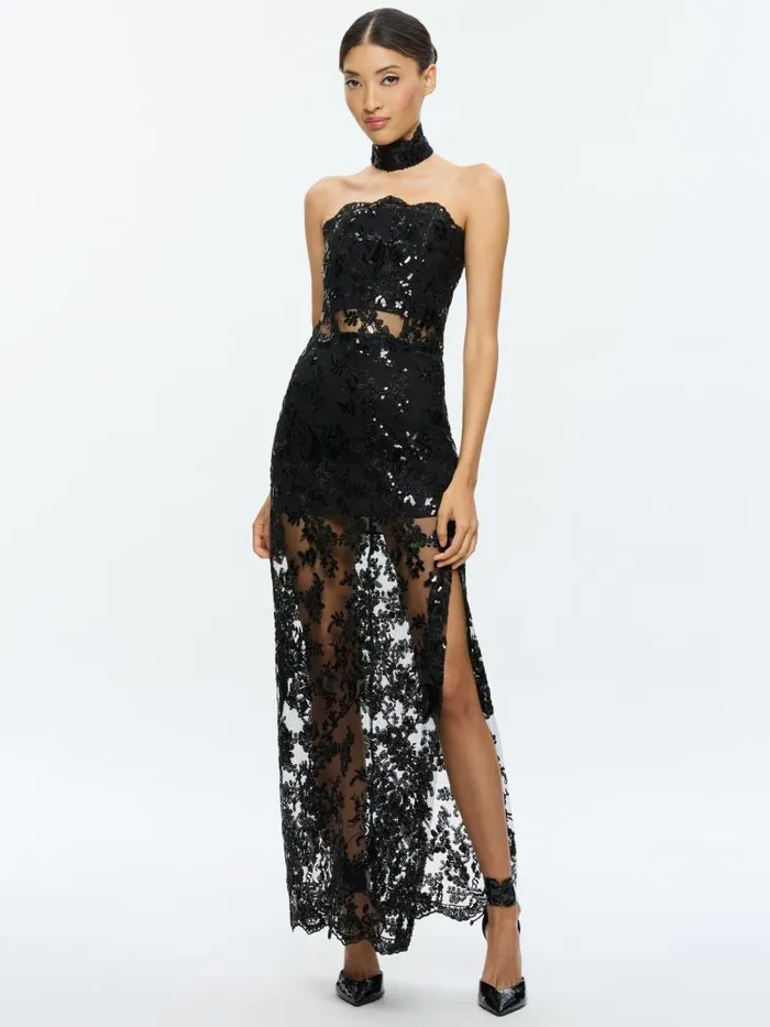 Alice Olivia GEORGIE EMBELLISHED STRAPLESS HIGH SLIT GOWN WITH COLLAR Black Women Dresses