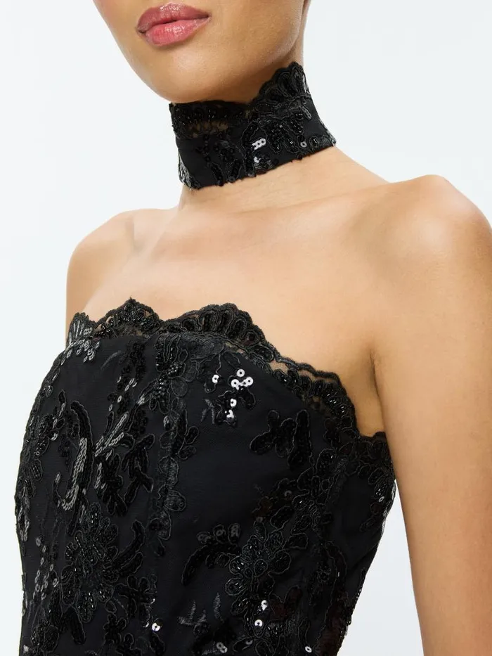 Alice Olivia GEORGIE EMBELLISHED STRAPLESS HIGH SLIT GOWN WITH COLLAR Black Women Dresses