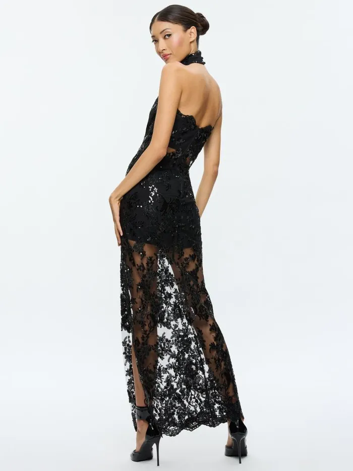 Alice Olivia GEORGIE EMBELLISHED STRAPLESS HIGH SLIT GOWN WITH COLLAR Black Women Dresses