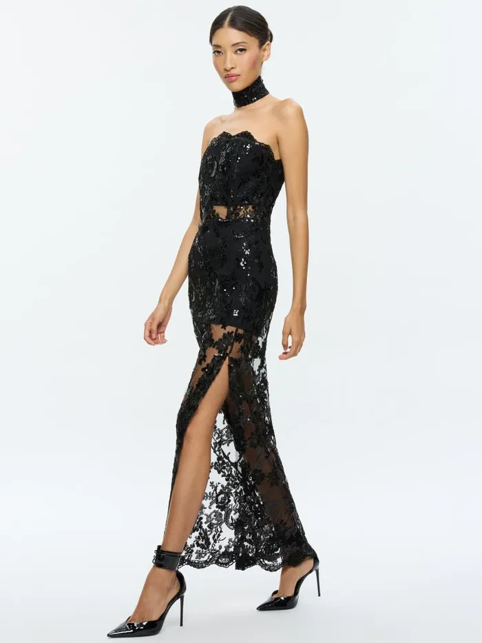 Alice Olivia GEORGIE EMBELLISHED STRAPLESS HIGH SLIT GOWN WITH COLLAR Black Women Dresses