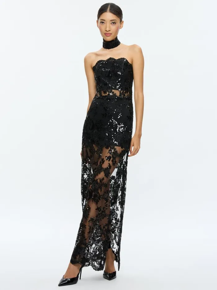 Alice Olivia GEORGIE EMBELLISHED STRAPLESS HIGH SLIT GOWN WITH COLLAR Black Women Dresses
