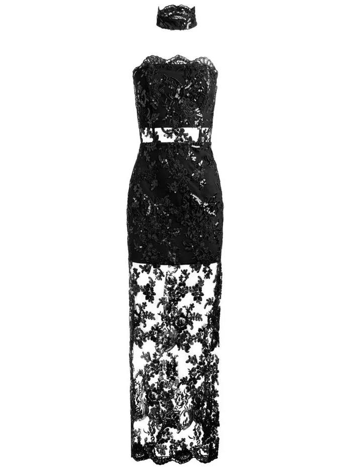 Alice Olivia GEORGIE EMBELLISHED STRAPLESS HIGH SLIT GOWN WITH COLLAR Black Women Dresses