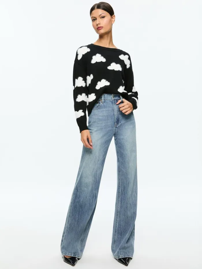 Alice Olivia GLEESON FUZZY CLOUD PULLOVER Blacksoft White Women Sweaters