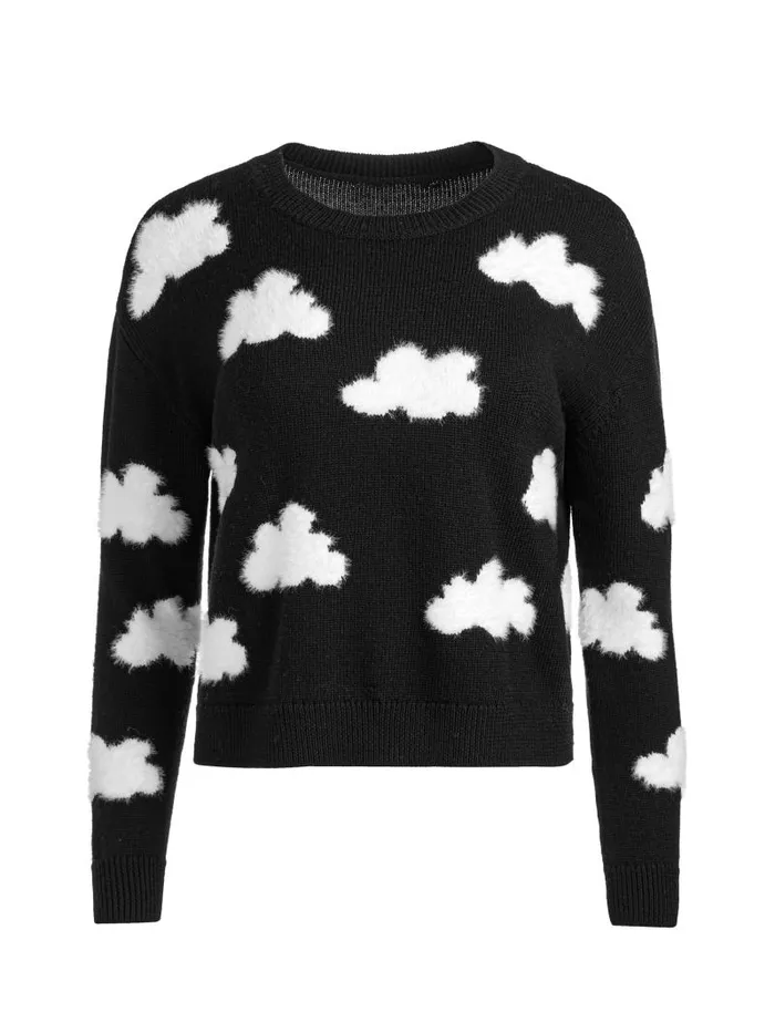 Alice Olivia GLEESON FUZZY CLOUD PULLOVER Blacksoft White Women Sweaters